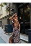 Women's Cross Chain Strap Deep Slit Long Leopard Dress - 4