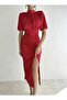 Red Satin Short Sleeve Slit Draped Dress - 2