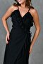 Women's Lined Black Chiffon Fabric Ruffle Detailed Double Breasted Collar Strap Maxi Dress 067 - 5