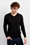 Men's V-Neck Patterned Plain Sweater Black - 3