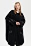 Women's Stand Collar Sleeve and Pocket Embroidered Poncho Black - 7