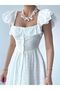 White Scallop Ruffle Neck Buttoned Square Collar Dress - 4