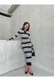 Women's Navy Blue Polo Neck Striped Long Sleeve Knitwear Dress - 3
