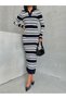 Women's Navy Blue Polo Neck Striped Long Sleeve Knitwear Dress - 6