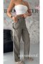 Women's Linen Cargo Pants Khaki Color - High Waist, Wide Legs, Multi-Pocket - 3