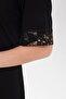 Women's Crew Neck Sleeves and Collar Patterned Combed Cotton Dress Black - 4