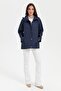 Women's Hooded Short Trench Coat with Side Pockets Navy Blue - 3