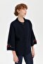 Women's Stand Collar Short Woolen Jacket with Embroidered Sleeves and Collar, Dark Blue - 2