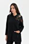 Women's Hooded Shoulder Embroidered Araboy Wool Cardigan Black