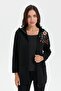 Women's Hooded Shoulder Embroidered Araboy Wool Cardigan Black - 7