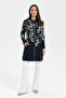 Women's High Collar Floral Long Wool Cardigan Dark Blue