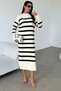 Long Sleeve Off Shoulder Crew Neck Sleeve Button Detail Midi Length Striped Cream Knitwear Dress 10280 - 5