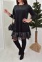 Women's Long Sleeve Crew Neck Hem Leather And Tulle Detail Two Thread Mini Length Dress - 2