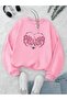 Thick Winter Sweatshirt with Spiked Heart Design - Pink Printed Oversized Crew Neck