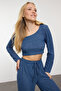 Indigo Yumoş Crop ve Wide Leg/Geniş Paça Örme Alt Üst Takım TWOAW23AU00125 - 4