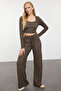 Kahverengi Yumoş Crop ve Wide Leg/Geniş Paça Örme Alt Üst Takım TWOAW23AU00125