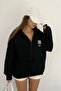 Black Unisex Stand Collar Zippered Oversize 3 Thread Ribbed Inside Printed Sweatshirt - 3