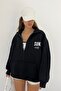 Black Unisex Stand Collar Zippered Oversize 3 Thread Ribbed Inside Printed Sweatshirt - 6