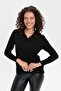 Women's Polo Collar Embroidered Blouse Black - 5