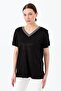 Women's V-neck Striped Combed Cotton T-shirt Black