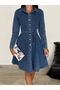 Snap Detailed Belted Long Sleeve Denim Dress - 2