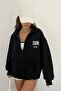 Black Unisex Stand Collar Zippered Oversize 3 Thread Ribbed Inside Printed Sweatshirt - 4