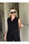 Women's Black Crepe Fabric Masculine Lined Vest Slim Fit - 4