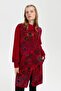 Women's High Collar Front Colorful Floral Long Wool Cardigan Dark Red - 6