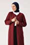 Burgundy Belted Pocketed Crew Neck Long Cardigan