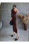Brown One-Shoulder Draped Slit Midi Dress - 7042 - 3