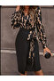 Women's Long Sleeve Double Breasted Collar Digital Printed Bow Detail Diving Fabric Dress - 4