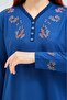 Women's Indigo Blue V-Neck Buttoned Floral Lycra Mother's Combed Cotton Blouse - 6