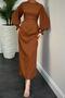 Pia Pencil Dress with Pleated Sleeves - Brown - 3