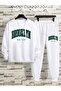 3 Thread Brooklyn New York Sweatshirt Jogger - White Printed Top and Bottom Tracksuit Set Crew Neck