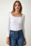 Square Neck Corded Knitted Blouse White Lgt0010 - 3