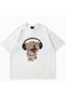 Cat Listening to Music with Headphones Printed White Unisex Oversize T-Shirt