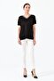 Women's V-neck Striped Combed Cotton T-shirt Black - 3
