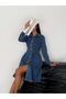 Snap Detailed Belted Long Sleeve Denim Dress