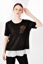 Women's Crew Neck Short Sleeve Chiffon Shiny Fabric Blouse Black - 6