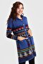 Women's Hooded Snow and Deer Patterned Long Wool Cardigan Dark Blue - 5