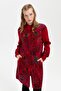 Women's High Collar Front Colorful Floral Long Wool Cardigan Dark Red - 5