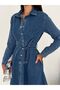 Snap Detailed Belted Long Sleeve Denim Dress - 3
