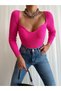 Women's Heart Collar Slim Fit Knitwear Crop Kaza Fuchsia