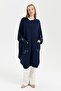 Women's Stand Collar Poncho with Embroidered Sleeves and Pockets, Navy Blue - 2