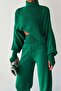 Crop Hand-Interwoven Turtleneck Sweater and High-Waisted Knit Pants Bottom Top Green Knitwear Set 015 - 6