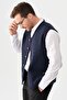 Men's V-Neck Pique Woven Wool Vest with Felt Accessories Dark Blue - 5