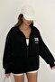Black Unisex Stand Collar Zippered Oversize 3 Thread Ribbed Inside Printed Sweatshirt - 5