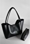 Women's Black Large Makeup Bag Hand and Shoulder Bag - 3