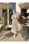 Stone-Detail Long Skirt Eyelet Embroidery Beige Modest Set - 4