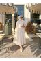 Stone-Detail Long Skirt Eyelet Embroidery Beige Modest Set - 6